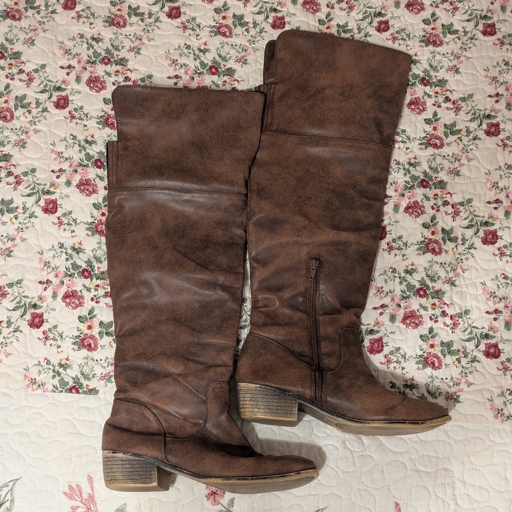 Rampage Brown Distressed Western Boho Knee-High Block Heel Faux Leather Boots